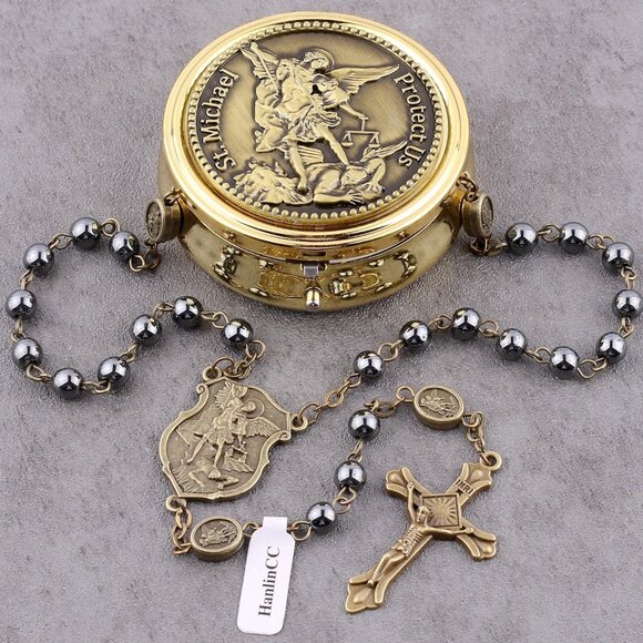 Saint Michael Hematite Black Beads Catholic Rosary Necklace with Gold Plated Met - Picture 3 of 9